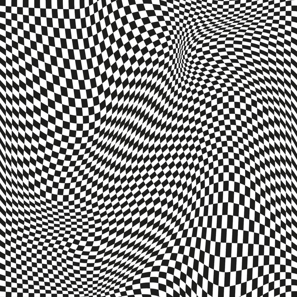Seamless checkered pattern. Distorted optical illusion banner. Op art checkered curved pattern. vector