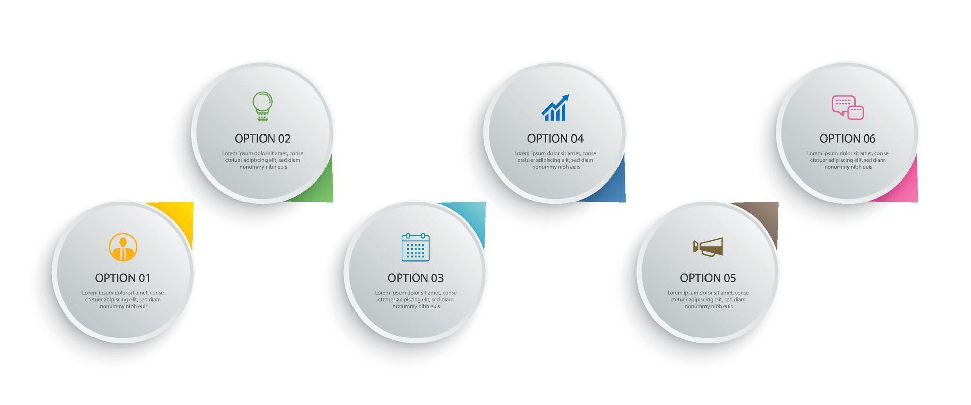 Infographics circle timeline with 6 number data template. Vector illustration abstract background.