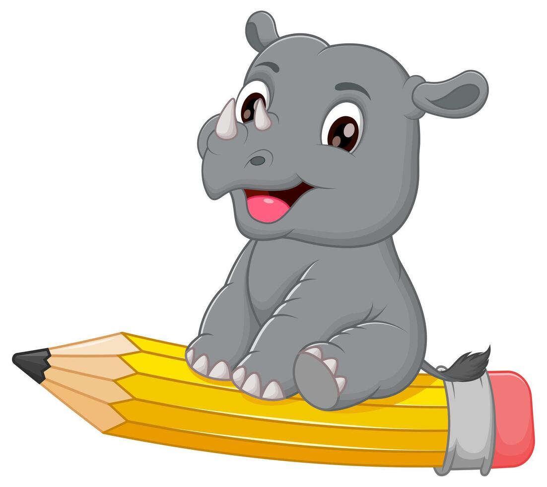 Cute Rhinoceros Cartoon Riding a Flying Pencil Vector Illustration. Animal Education Icon Concept