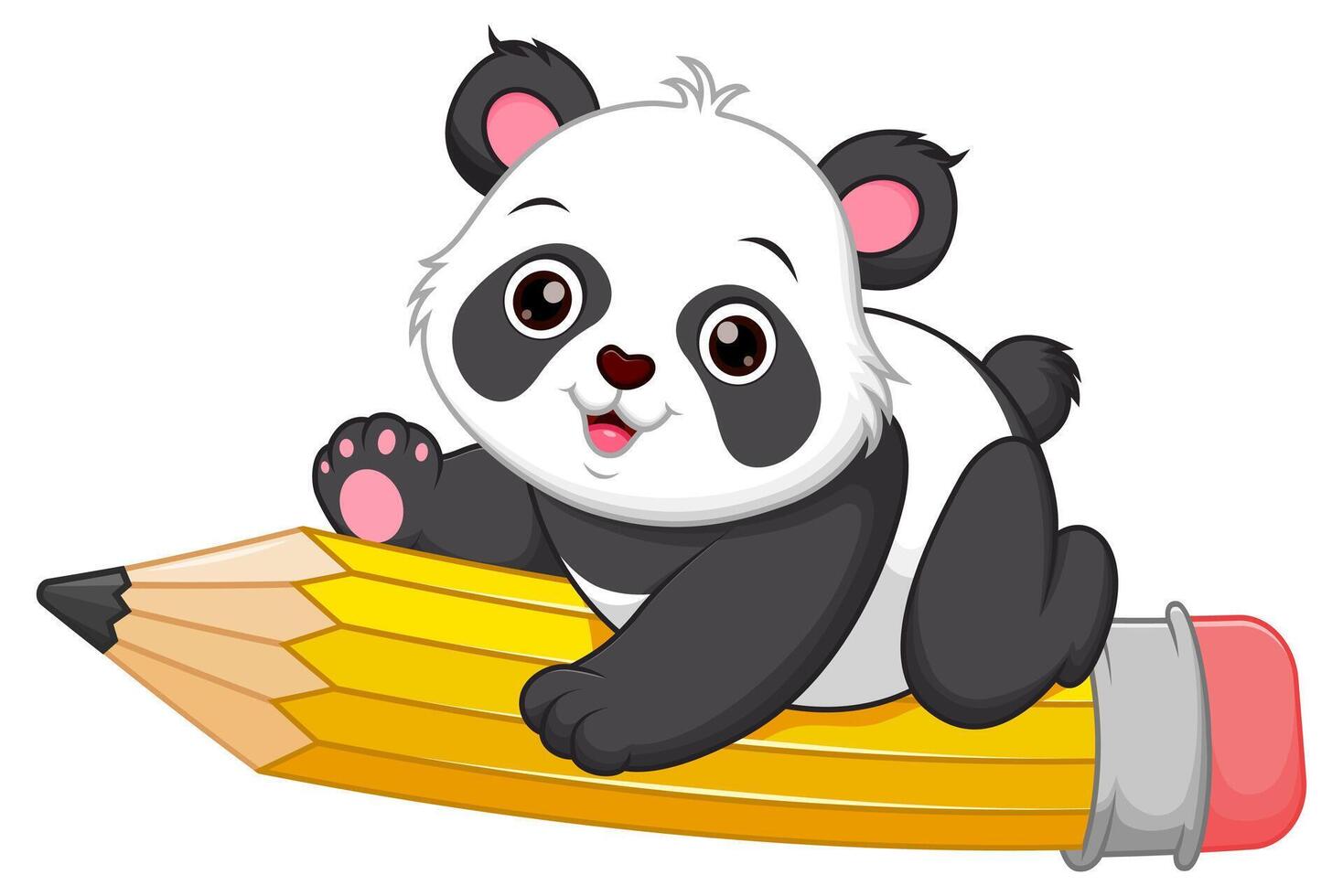 linda panda dibujos animados montando un volador lápiz vector ilustración. animal educación icono concepto