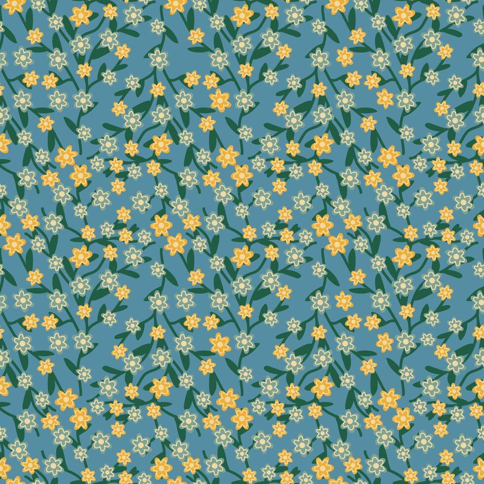 cute gentle seamless pattern with blue and yellow flowers on a blue background vector illustration