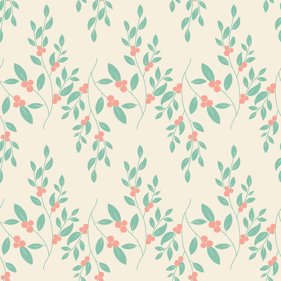 gentle seamless pattern of leaves and berries vector illustration