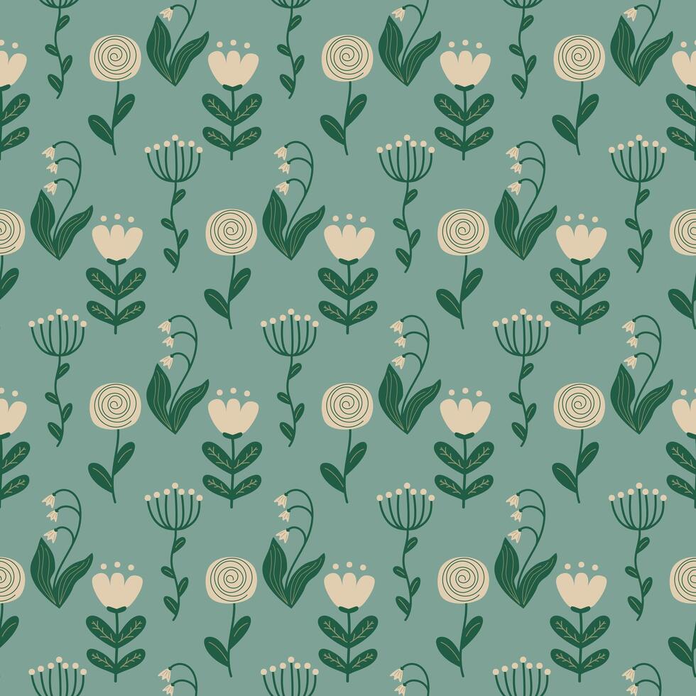 gentle seamless pattern with flowers and leaves on a blue background vector