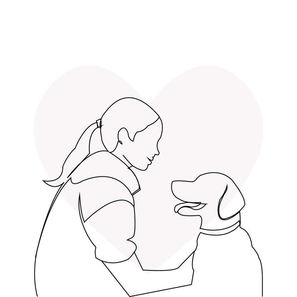 Woman holding her dog continuous outline vector. Pet lover concept. vector