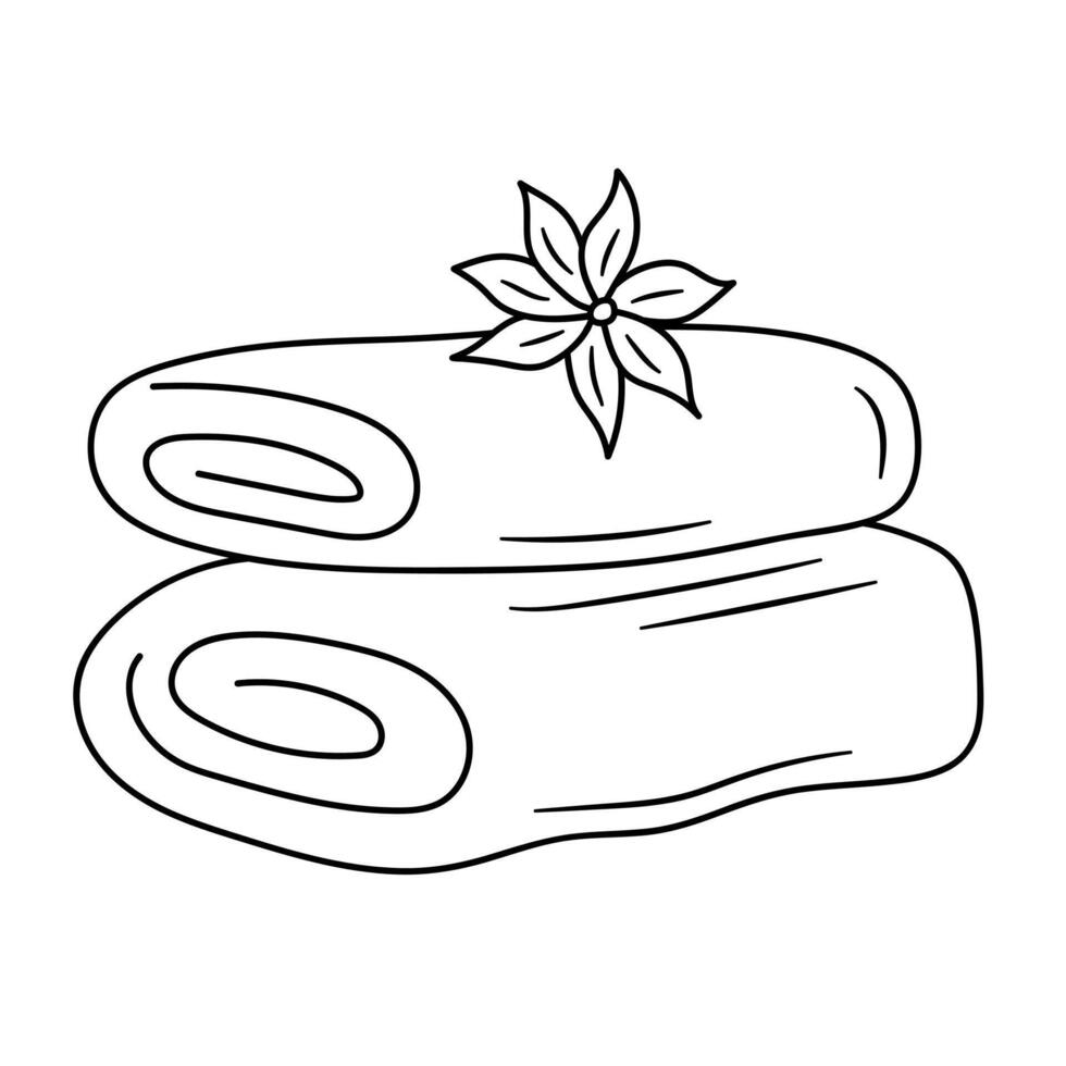 Stack of folded towels with flower. Hand drawn doodle vector illustration.