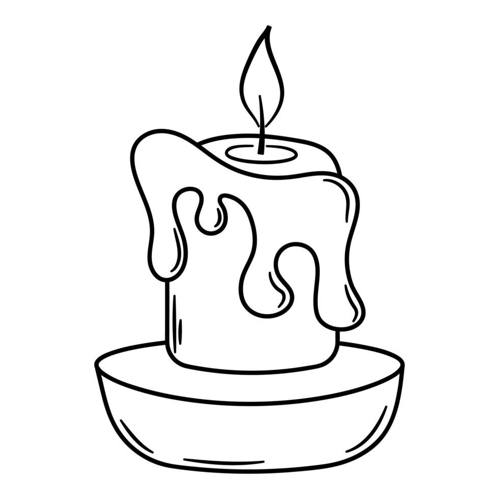 Cute burning candle with wax in a bowl. Hand drawn doodle vector illustration.