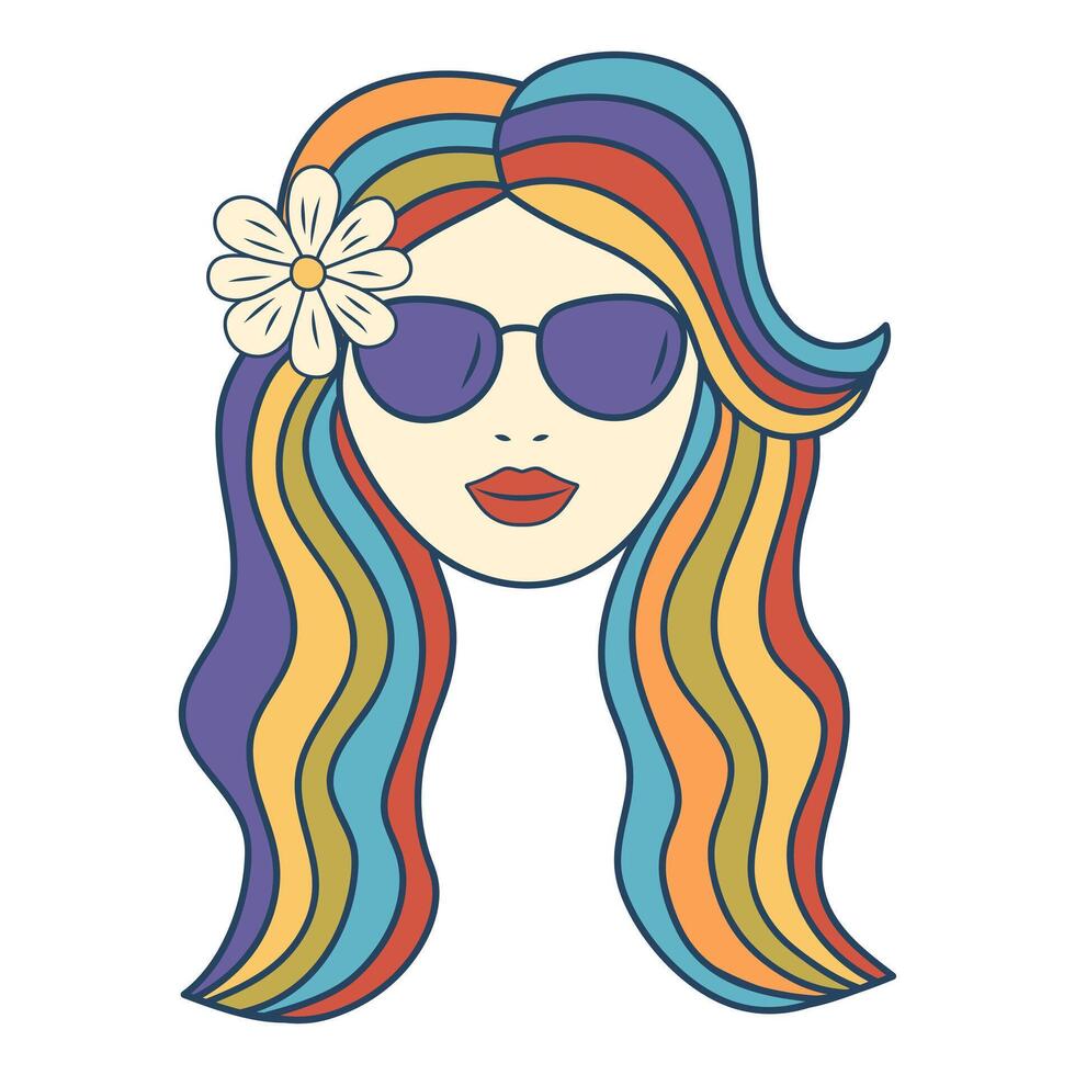 Retro groovy hippie girl face with sunglasses, daisy flower and rainbow hair. Colorful cartoon psychedelic character in 60s, 70s style. Minimalistic old-fashioned art design. vector