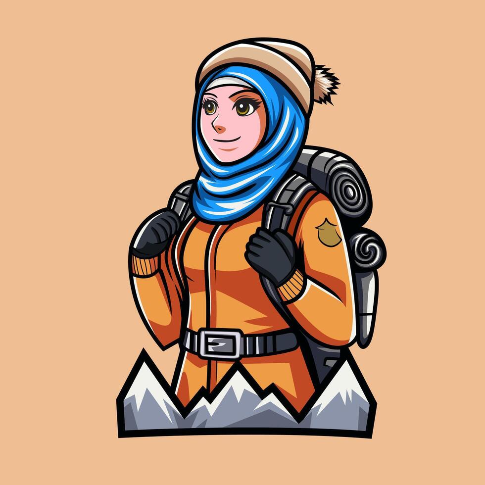 mascot logo of a hijab wearing climber carrying a climbing bag vector
