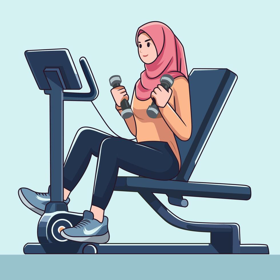 plano diseño ilustración de un mujer vistiendo un hijab hacer ejercicio en el gimnasio utilizando moderno equipo vector