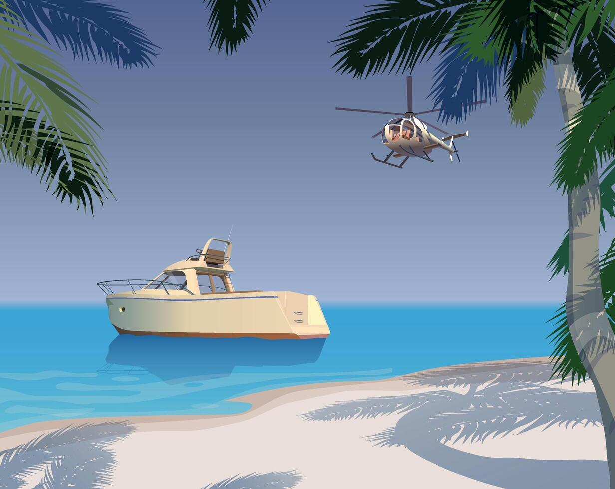 Sandy beach with palm trees, boat and helicopter. Vector. vector