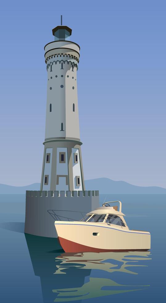 A large boat stands near the lighthouse against the backdrop of the sea. Vector. vector