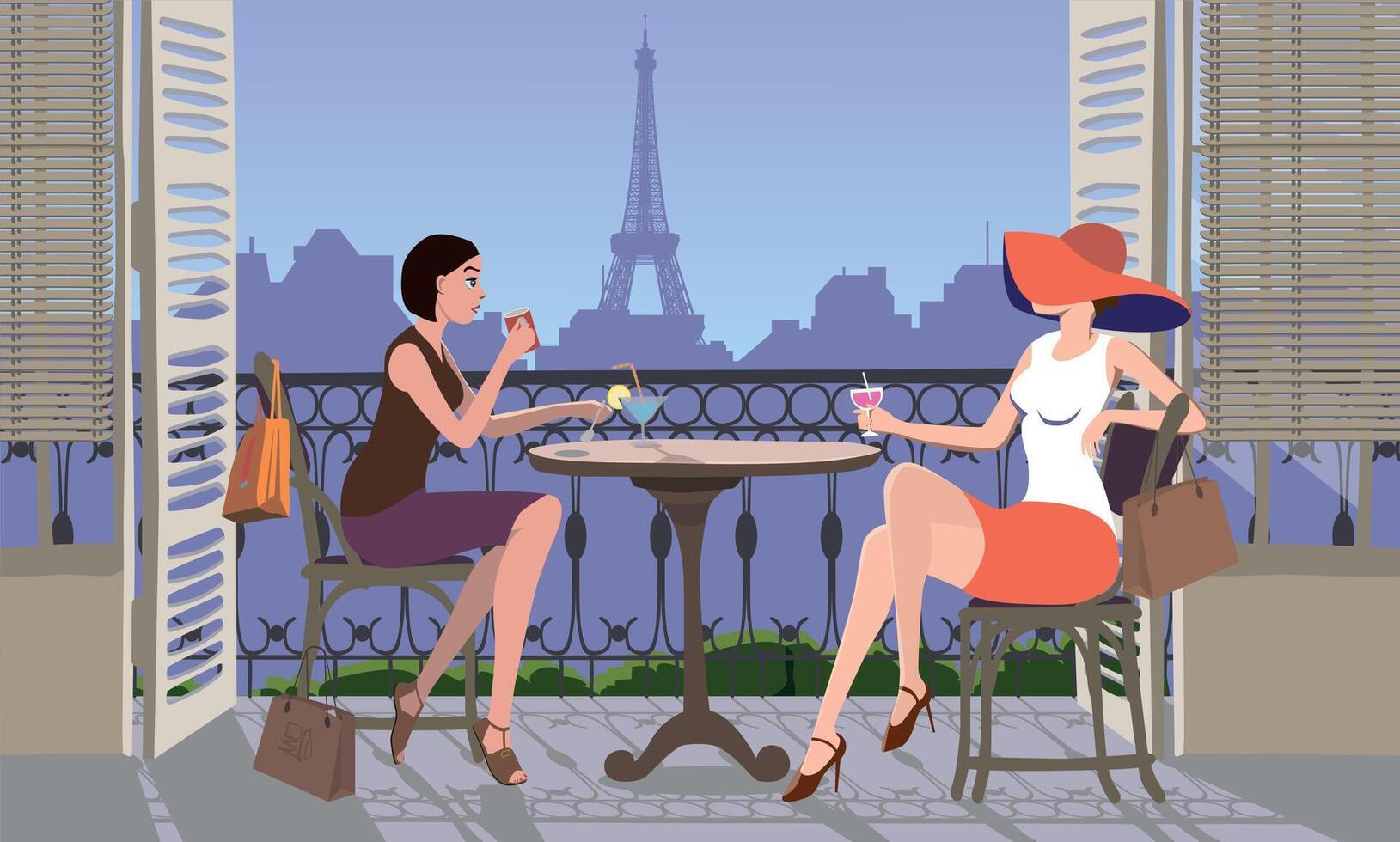 Two friends on the terrace in a cafe with Paris in the background. Vector. vector