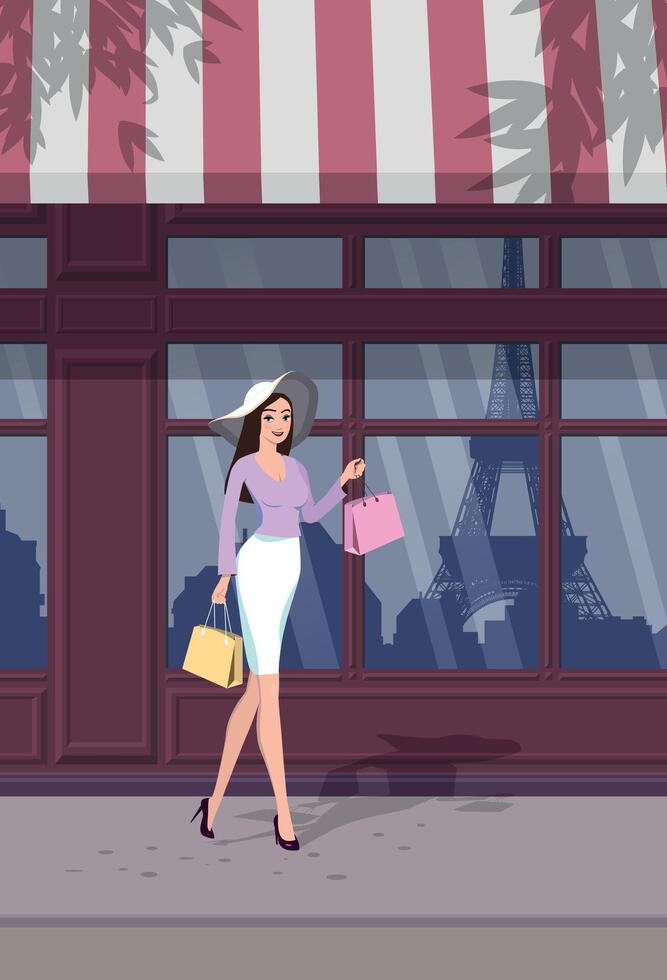 A girl in a hat against a shop window where Paris is reflected. Vector. vector