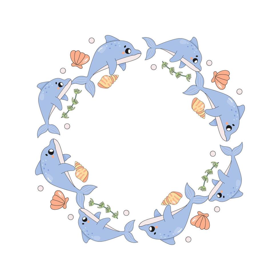 frame, border, of sea creatures, cute baby dolphins and seashells vector