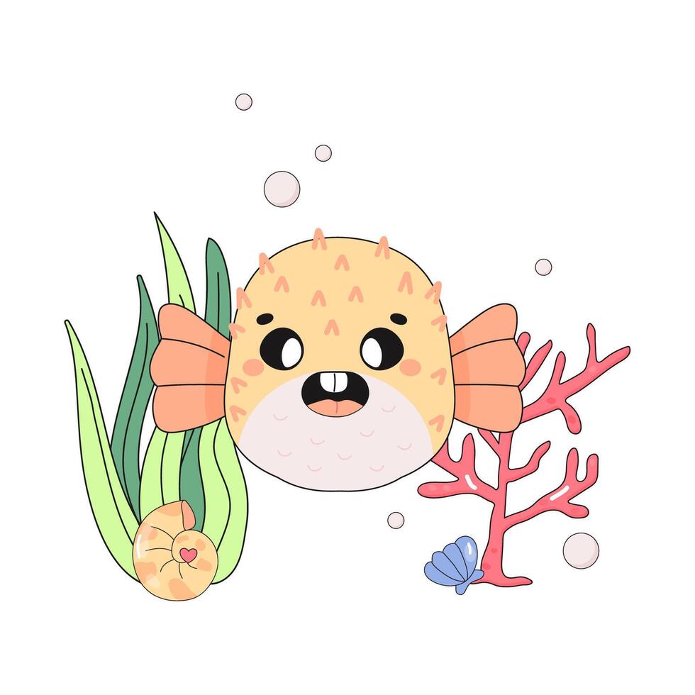 cute fugu fish, t shirt print, kids poster, on white background. Underwater world with algae. vector