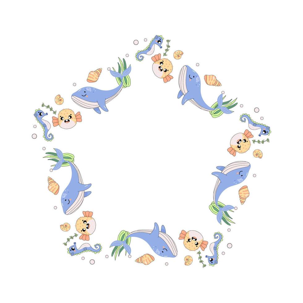 frame, border, of sea creatures, fish. summer marine, underwater frame. jellyfish, whale, squid, seahorse vector