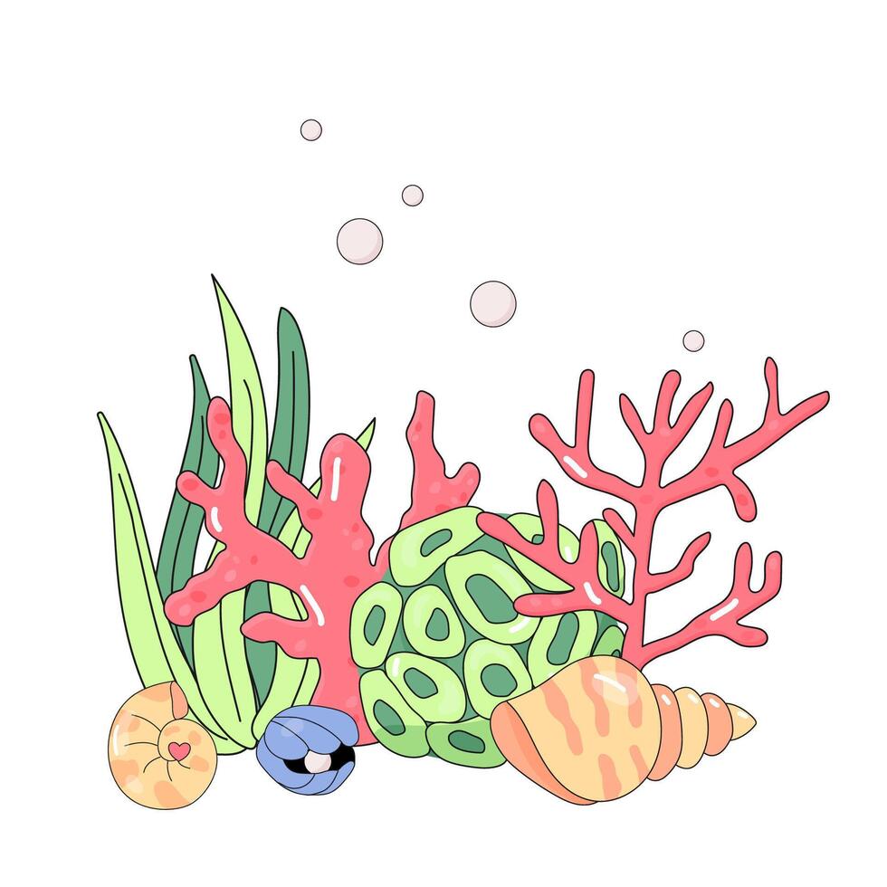 Marine concept, shells and seaweed, t-shirt print, children's poster, on white background. Underwater world with seaweed. vector