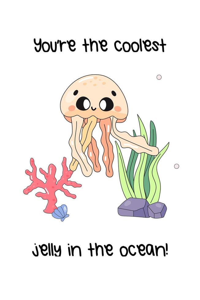 Postcard of friendship, support, with cute sea character,stingray,seahorse,jellyfish. vector illustration