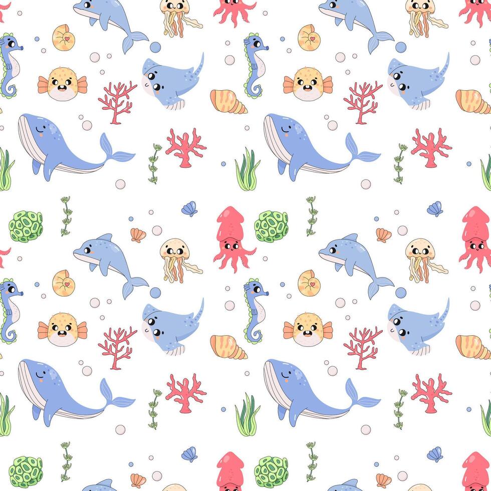 Summer seamless pattern, sea world, fugu fish, stingray, squid, seahorse and whale, child. vector