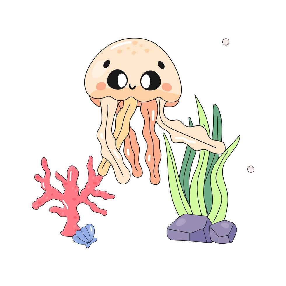 linda Medusa, t camisa imprimir, para niños póster, en blanco antecedentes. submarino mundo con algas marinas. vector