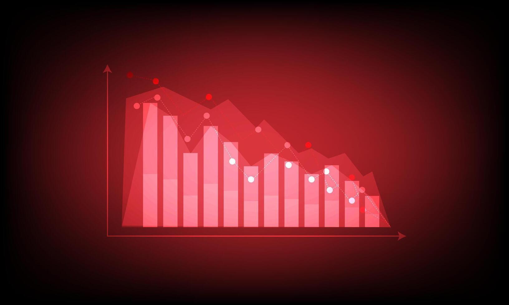 Red arrow graph drop arrow down with bar graph on red background. Money losing. Stock crisis and finance concept. vector