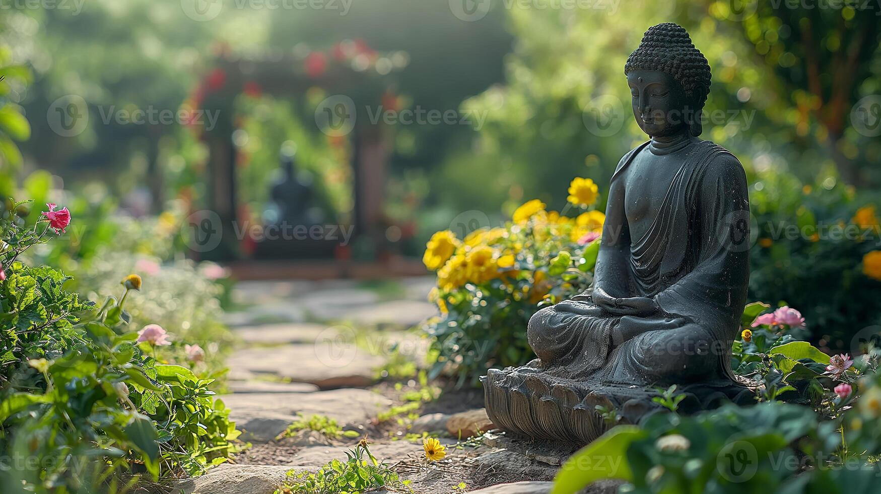 AI generated Buddha statue in garden. Fresh natural spa wallpaper concept with asian spirit and copy space. photo