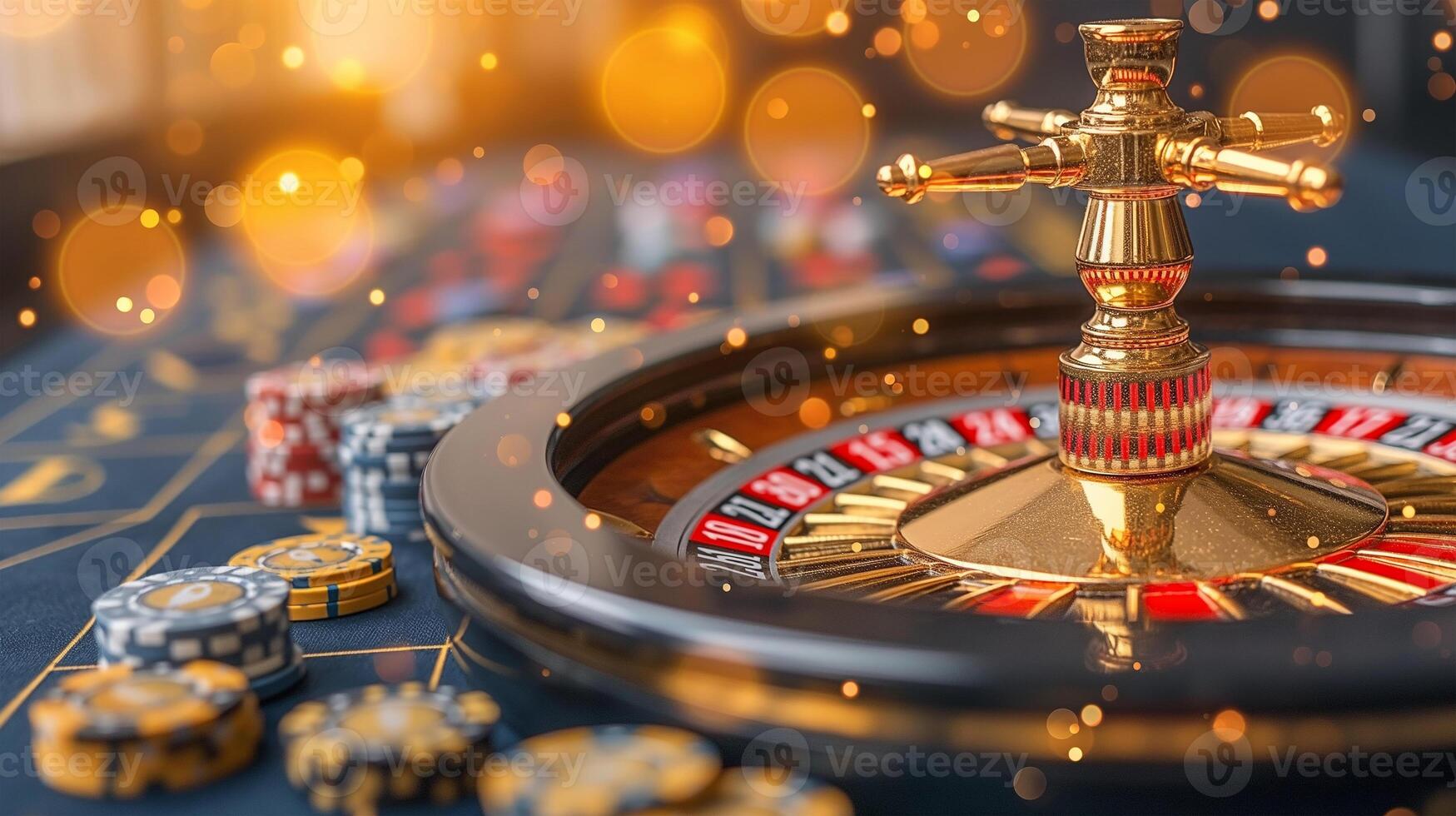 AI generated Casino Spinning Roulette with gold coins. Bright and glowing neon purple and blue lights. Casino club. Poker Cards. photo