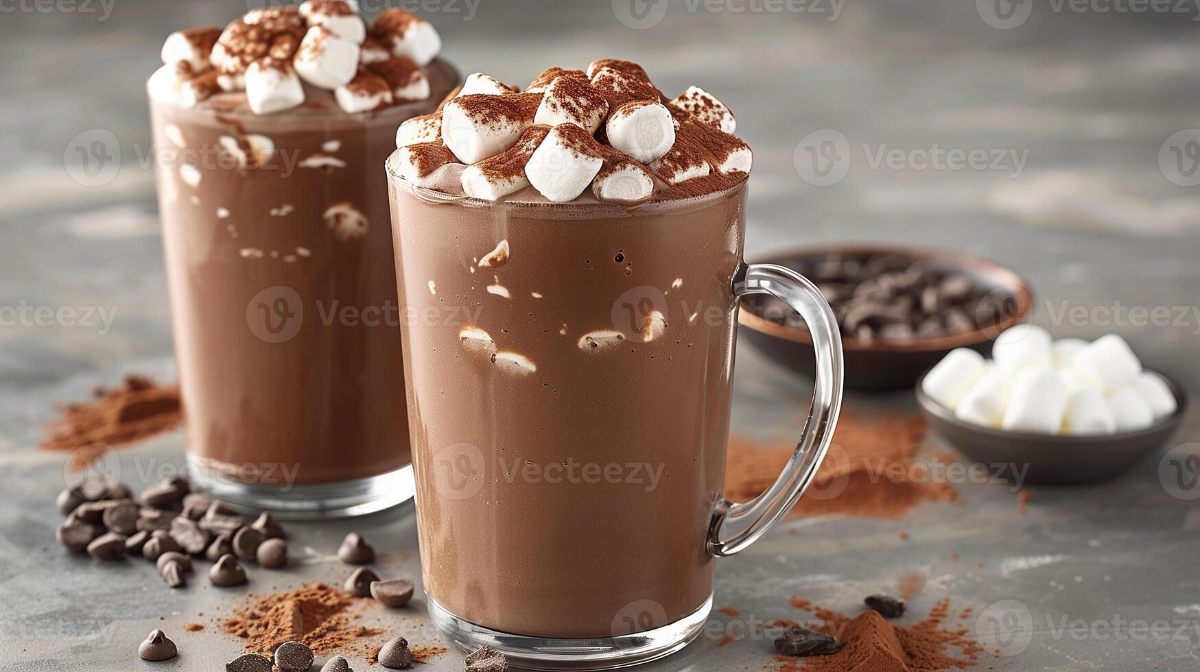 AI generated Cocoa with marshmallows and chocolate in a glass mug on a stone table. Background. photo