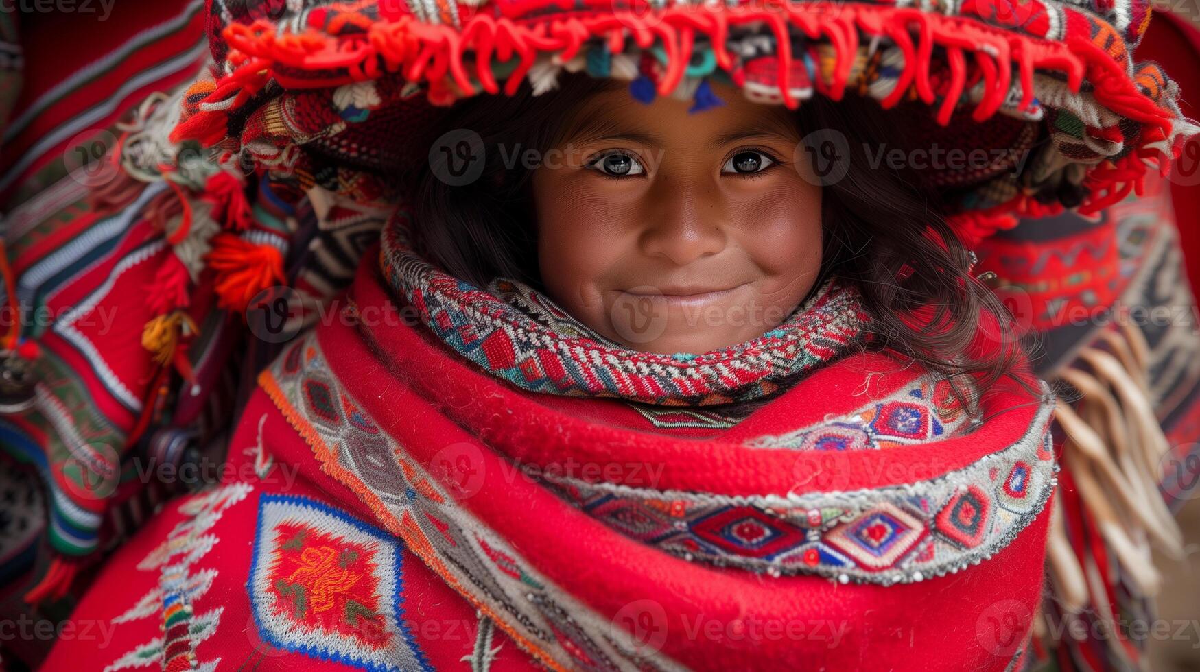 AI generated A young peruvian child with a colorful red hat smiling at the camera. Andes. Wool chullo. American rural native folk. photo