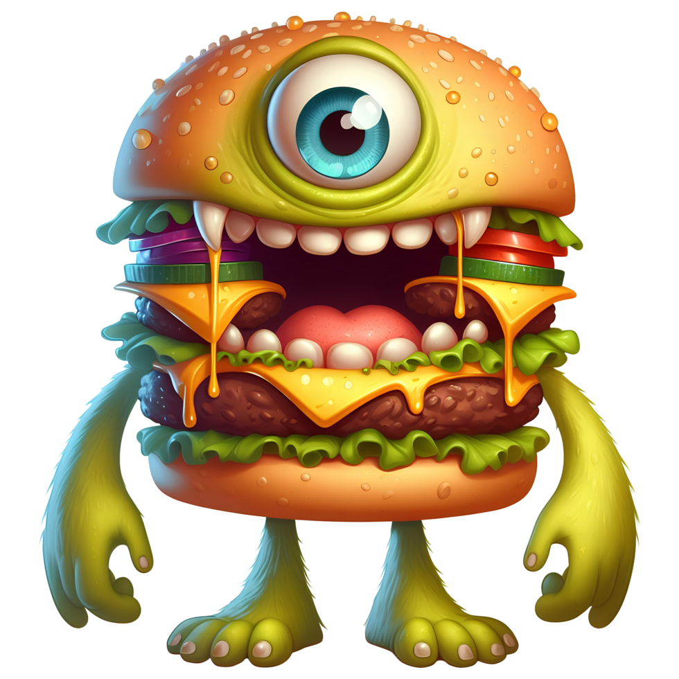 AI generated funny burger monster character png