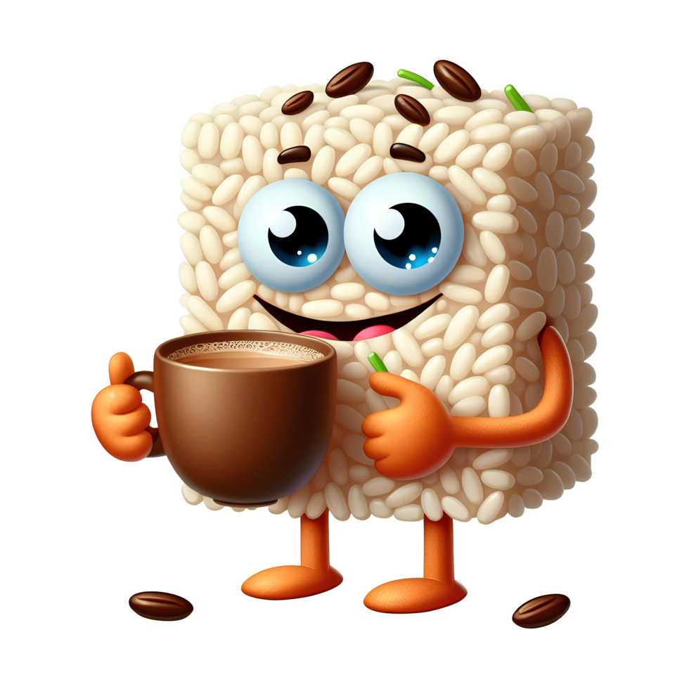 AI generated funny rice cartoon character hold a  a cup of coffee png