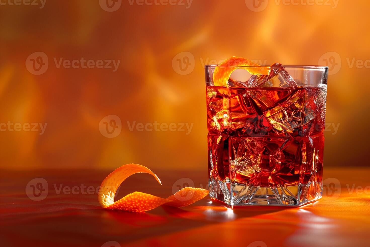 AI generated A crystal clear glass filled with a refreshing Negroni cocktail garnished with a twist of orange peel, isolated on a gradient background photo