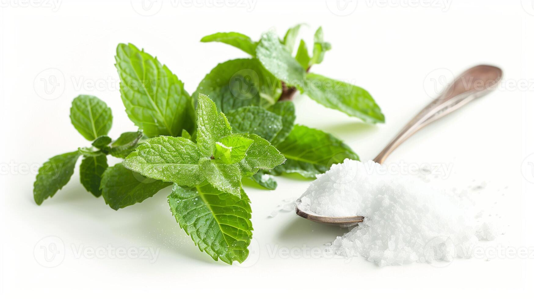 AI generated A sprig of fresh mint and a spoon of powdered sugar for garnishing a Mint Julep, isolated on a white background photo