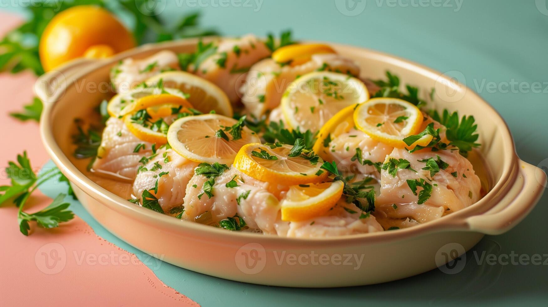 AI generated A beautifully arranged dish of gefilte fish with lemon slices and parsley, isolated on a gradient background photo