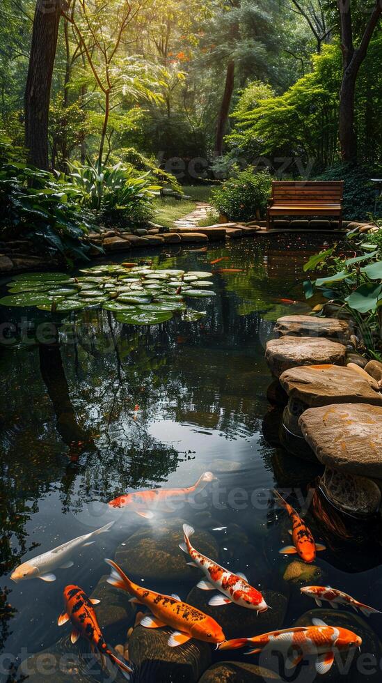 AI generated A relaxing spring image showcasing a tranquil koi pond photo