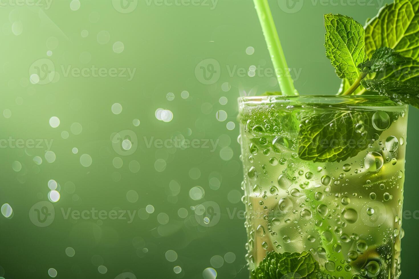 AI generated Close up image of a chilled mint julep glass with condensation droplets, mint sprigs, and a straw, set against a cool, green, gradient background with empty space for text photo