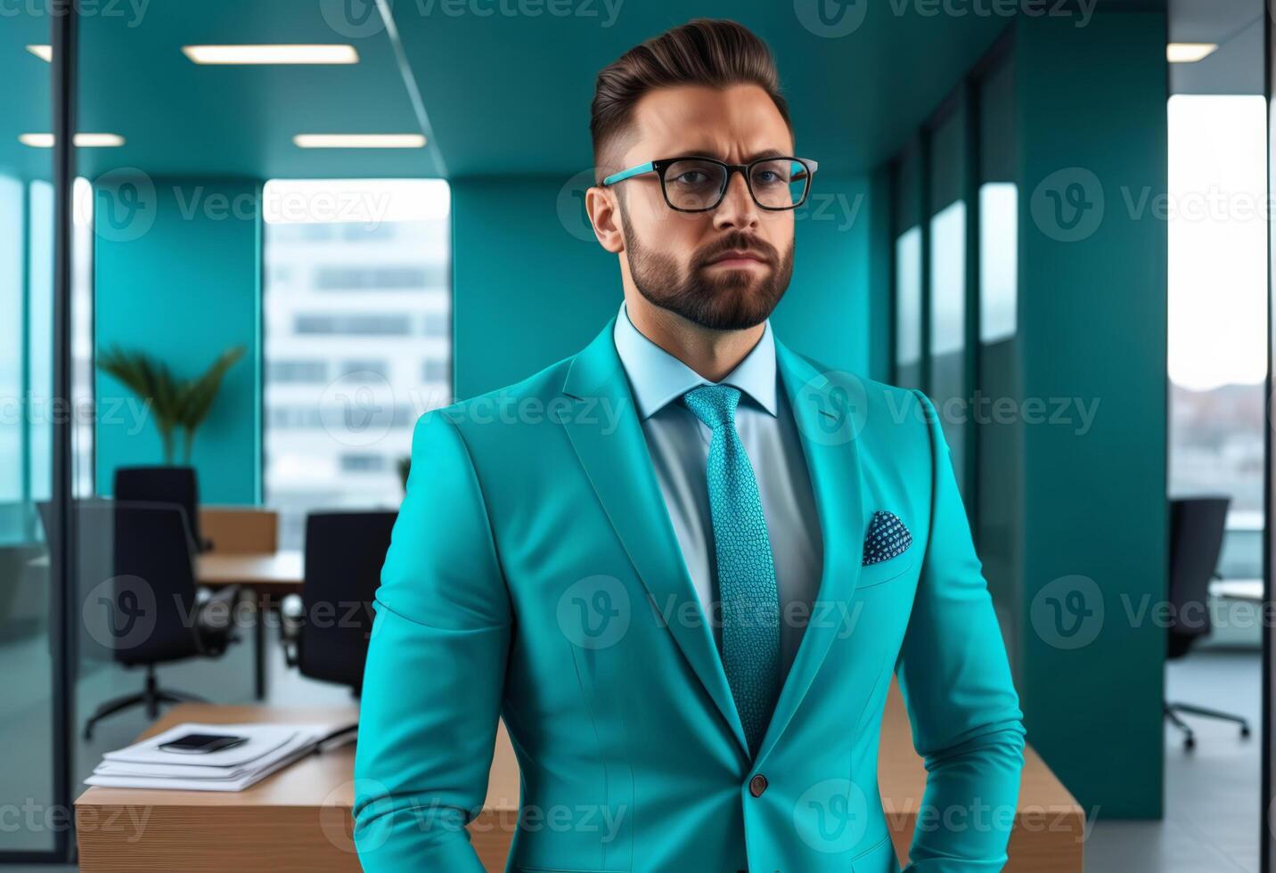 AI generated Confident businessman in a stylish turquoise suit posing in a modern office environment, representing corporate fashion and success photo
