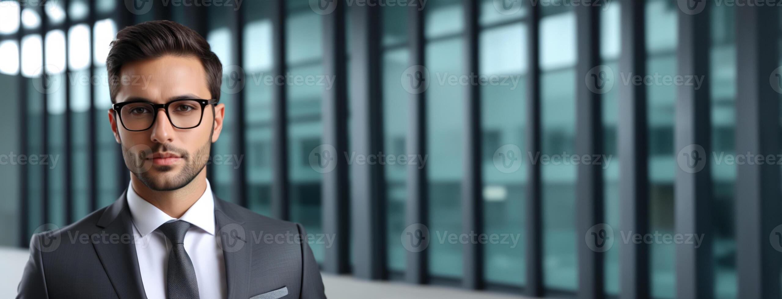 AI generated Confident young businessman in glasses and suit standing in modern office setting, ideal for corporate, success, and professional themes photo