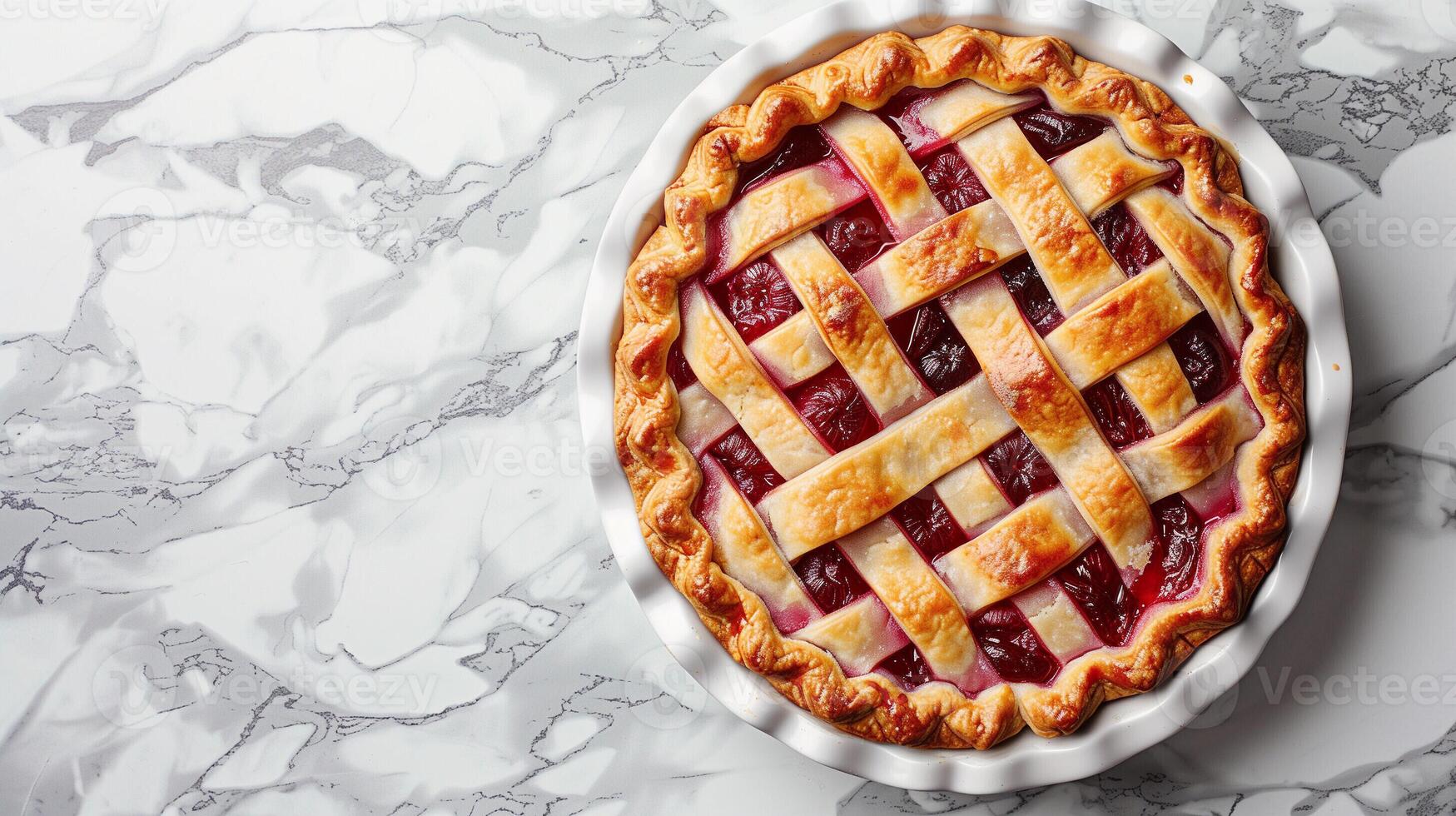 AI generated Freshly baked plum pie cooling on a kitchen counter, the background is clean and simple, offering plenty of empty space for text photo