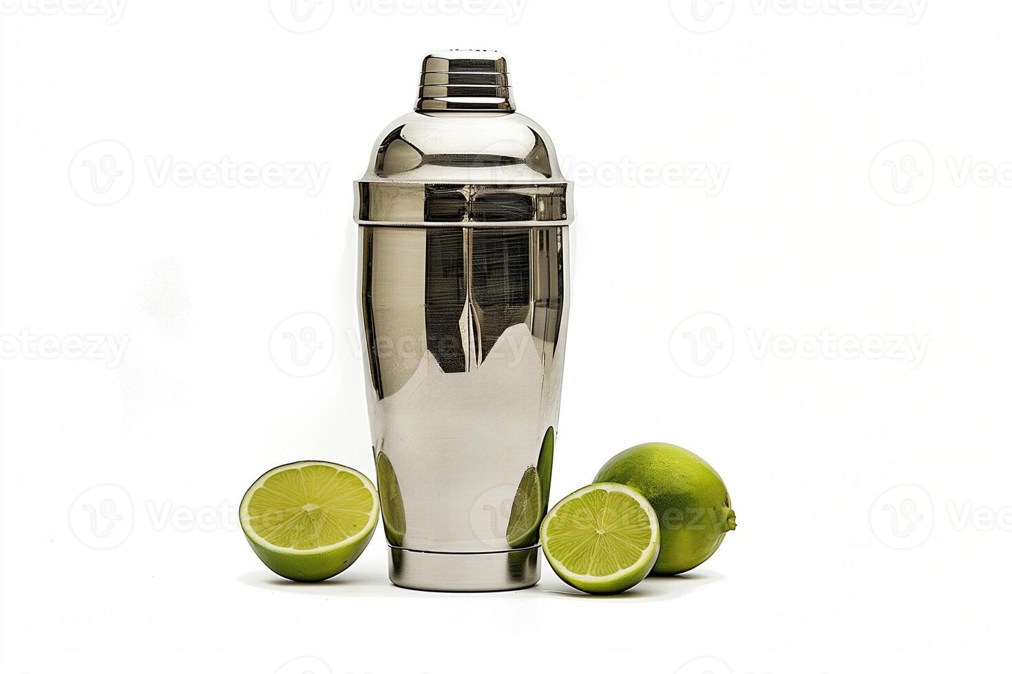 AI generated A stainless steel cocktail shaker used in margarita preparation process, isolated on a white background photo