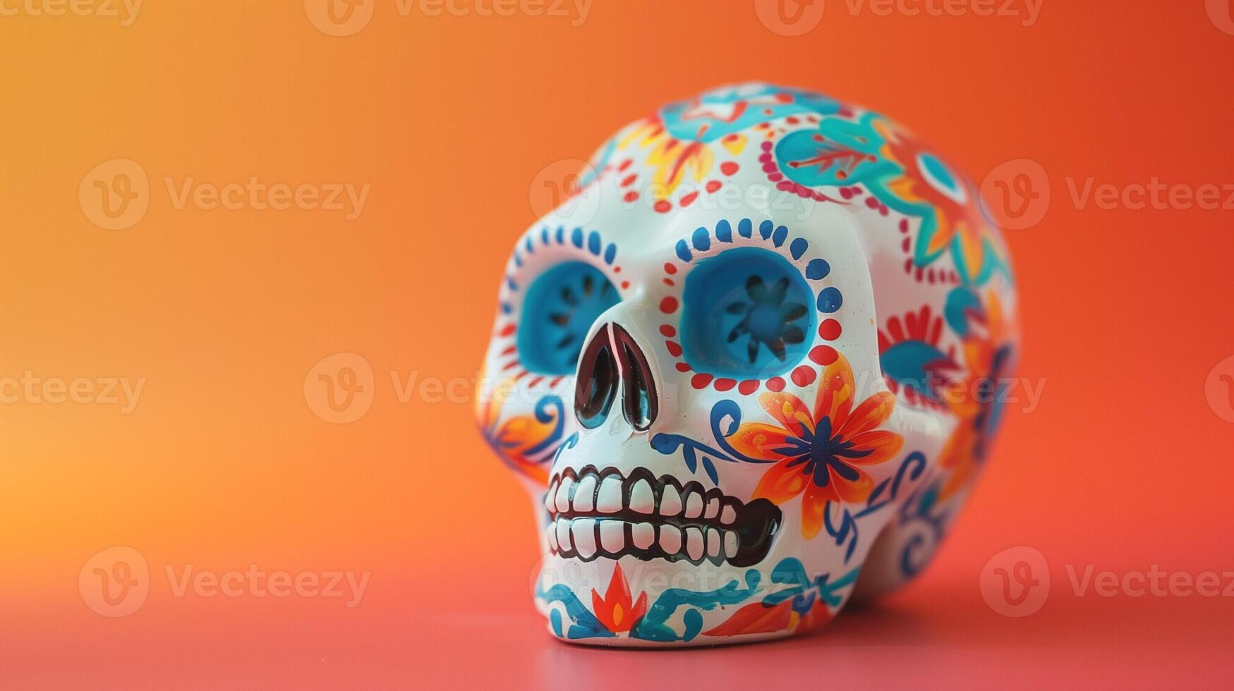 AI generated Hand painted ceramic sugar skull rich in detail and vivid colors isolated on a gradient background epitomizing Cinco de Mayo festivities photo