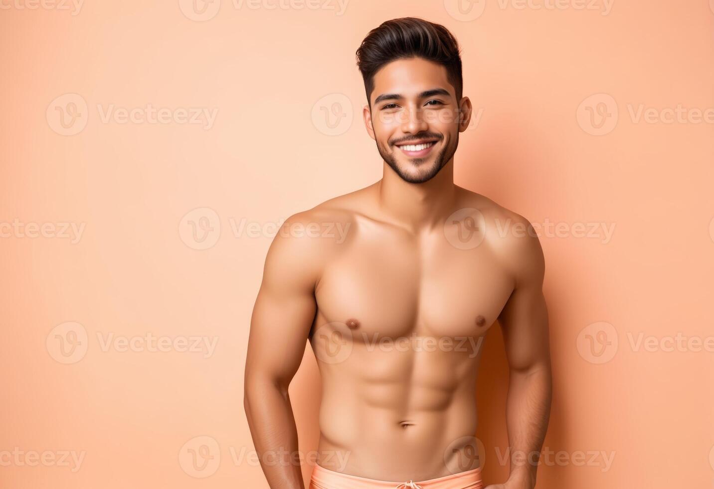 AI generated Smiling young Latino man with toned physique posing in swimwear, perfect for fitness and summer holiday concepts photo