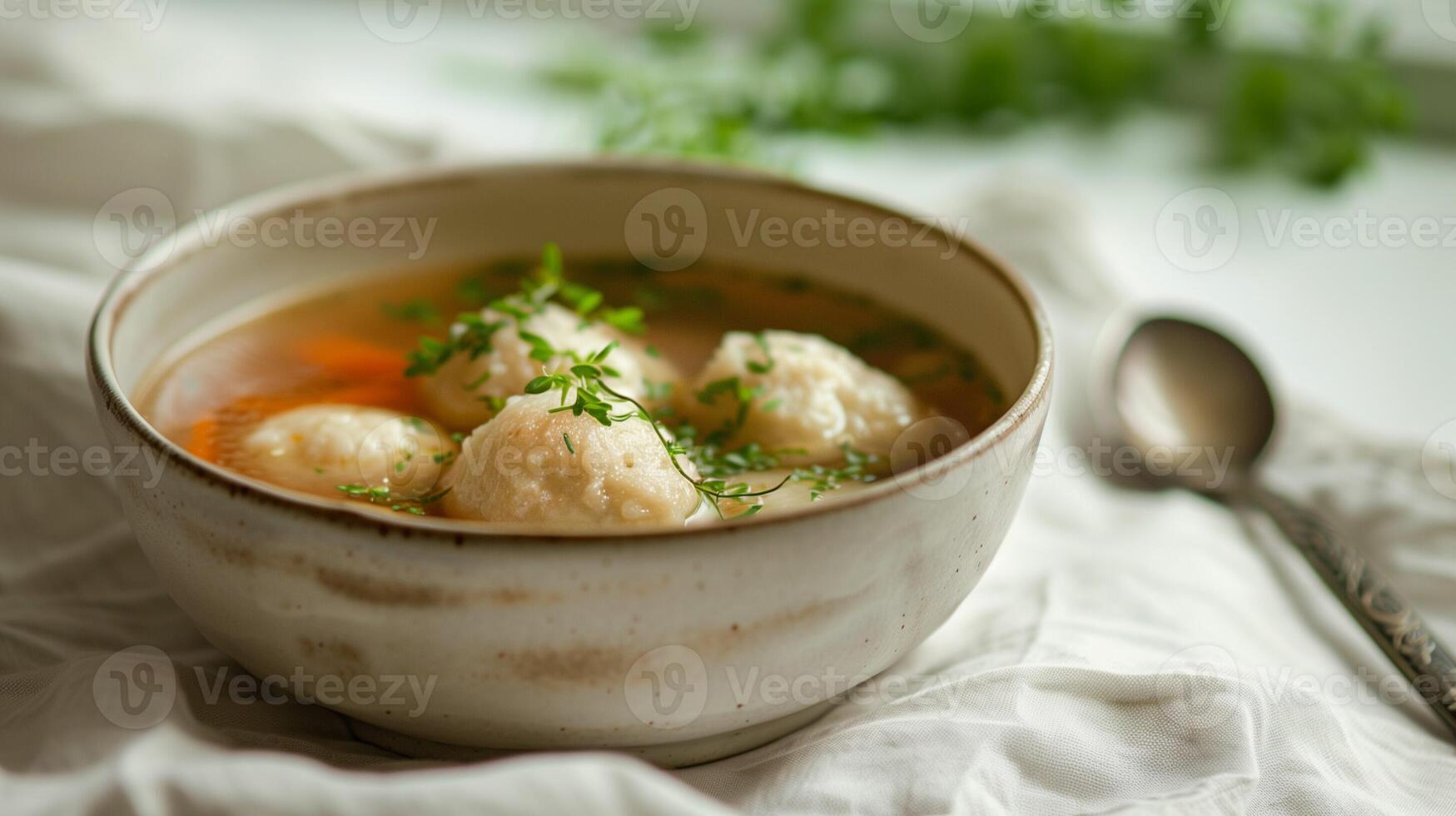 AI generated Matzah ball soup served in a ceramic bowl, garnished with fresh herbs, set on a white linen tablecloth providing a clean background with empty space for text photo