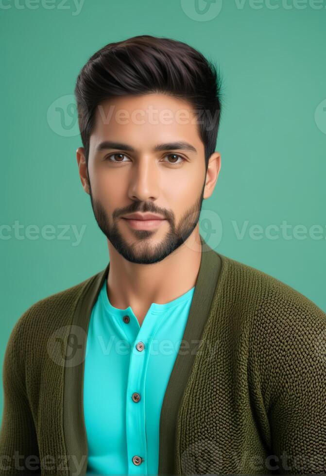 AI generated Handsome young adult male with a stylish beard posing in a casual outfit on a teal background, suitable for fashion and lifestyle themes photo
