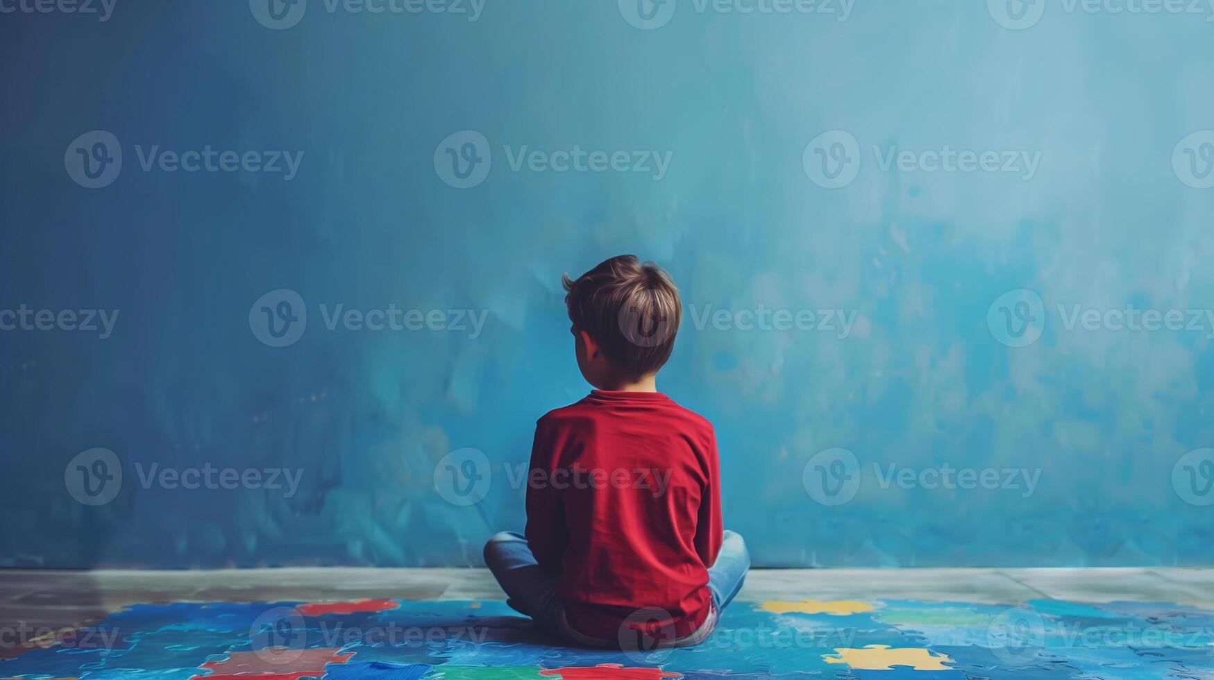 ai generado contemplativo niño sentado en vistoso piso rompecabezas, frente a un texturizado azul muro, evocando creatividad y infancia introspección foto