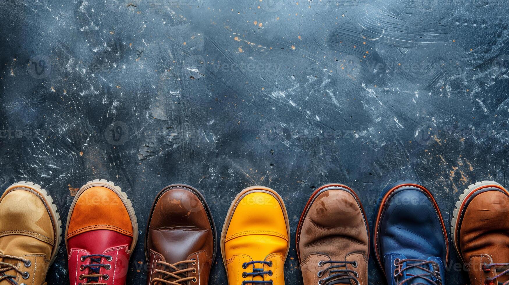 AI generated Colorful assortment of mens casual shoes on a dark textured background, showcasing fashion diversity and choice in footwear photo