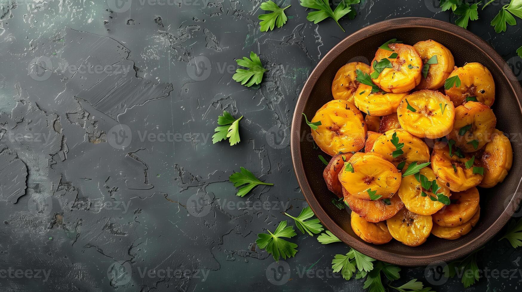 ai generado vidriado asado amarillo zanahorias con Fresco perejil adornar en un marrón cerámico cuenco en un oscuro texturizado fondo, parte superior vista, sano vegetariano lado plato concepto foto