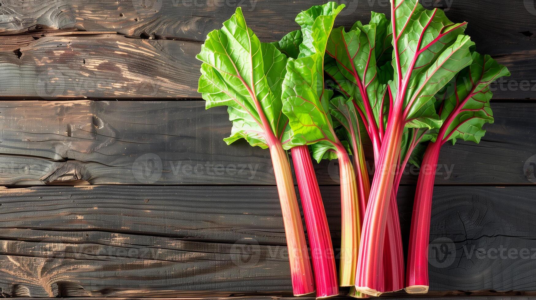 AI generated Freshly harvested rhubarb stalks arranged neatly on a rustic wooden table, creating a background with empty space for text about the rhubarb cultivation process photo