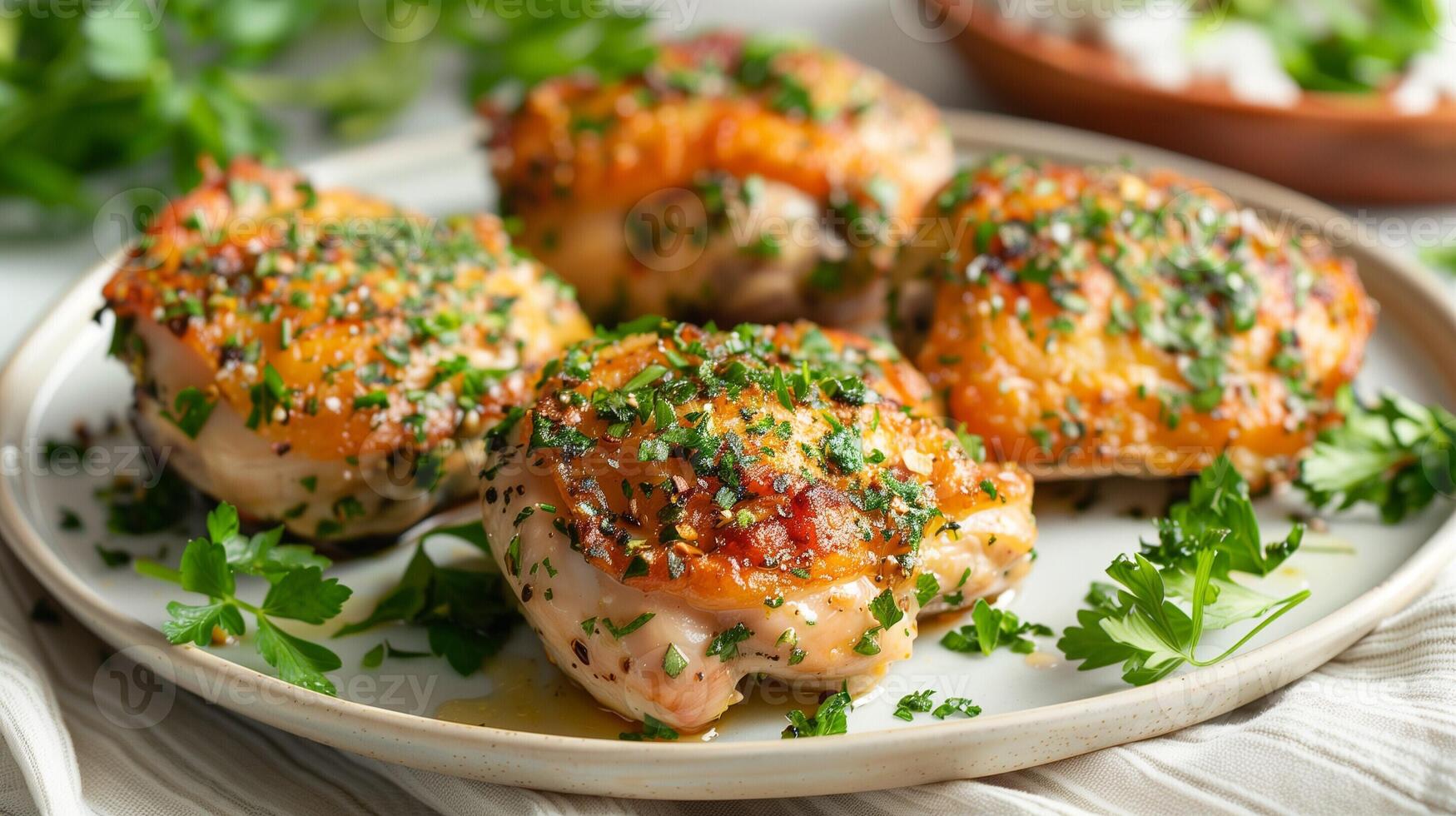AI generated Herb crusted chicken thigh garnished with fresh parsley on a plate photo