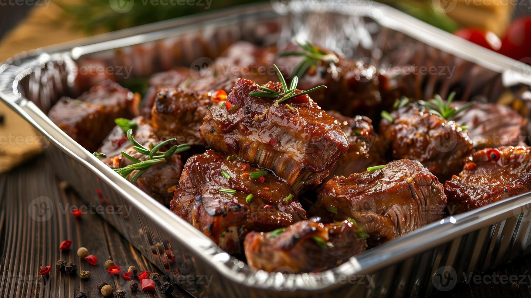 AI generated Gourmet glazed barbecued ribs in a foil tray with fresh herbs, perfect for summer barbecues and outdoor dining concepts photo